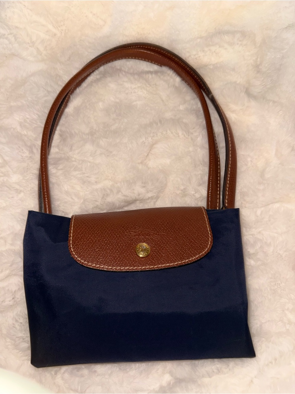 Longchamp Le Pliage Tote | Navy & Cognac Leather | Classic Medium - Picture 8 of 8